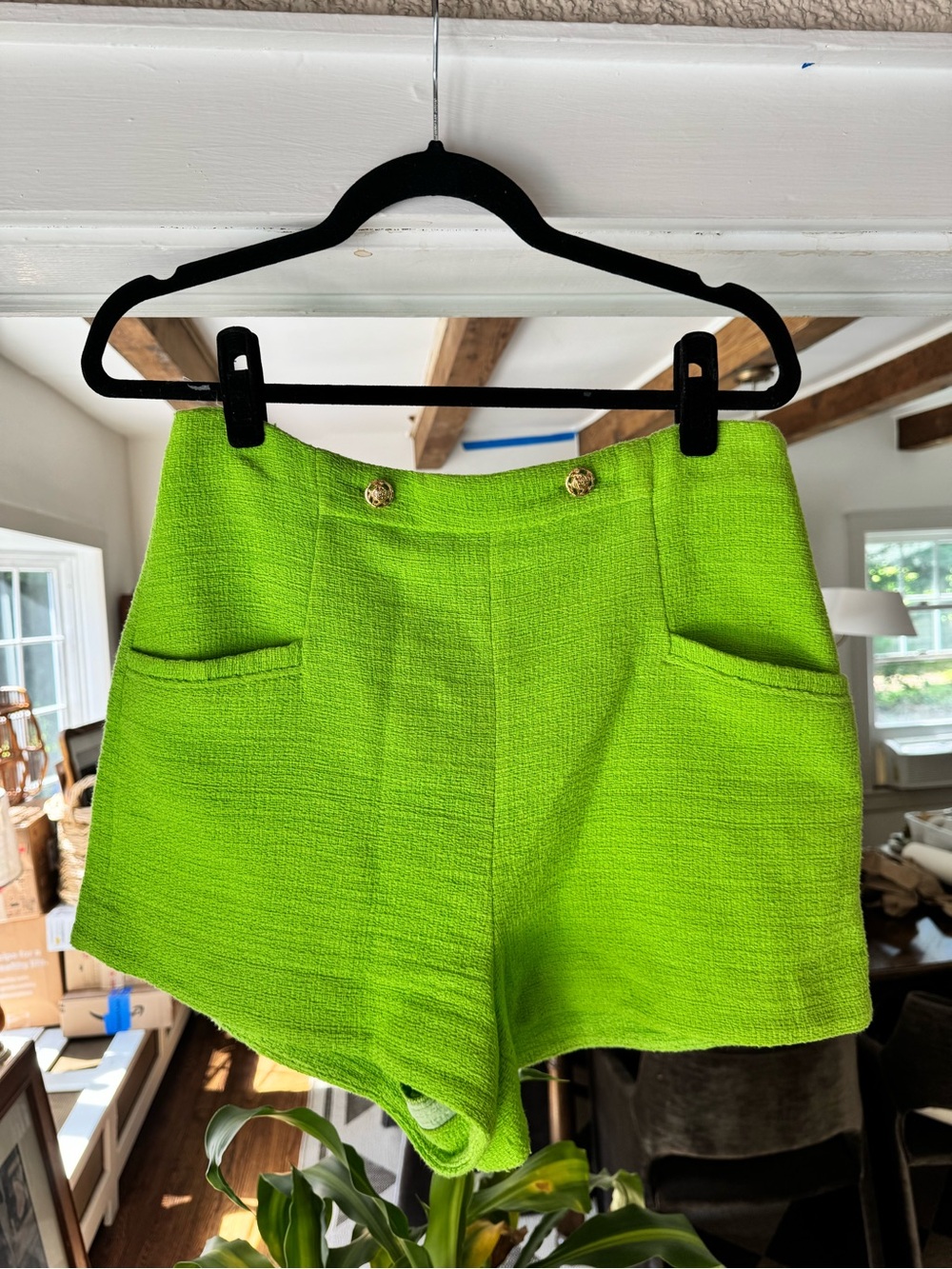 Zara High-Rise Lime Green Textured Women's Shorts